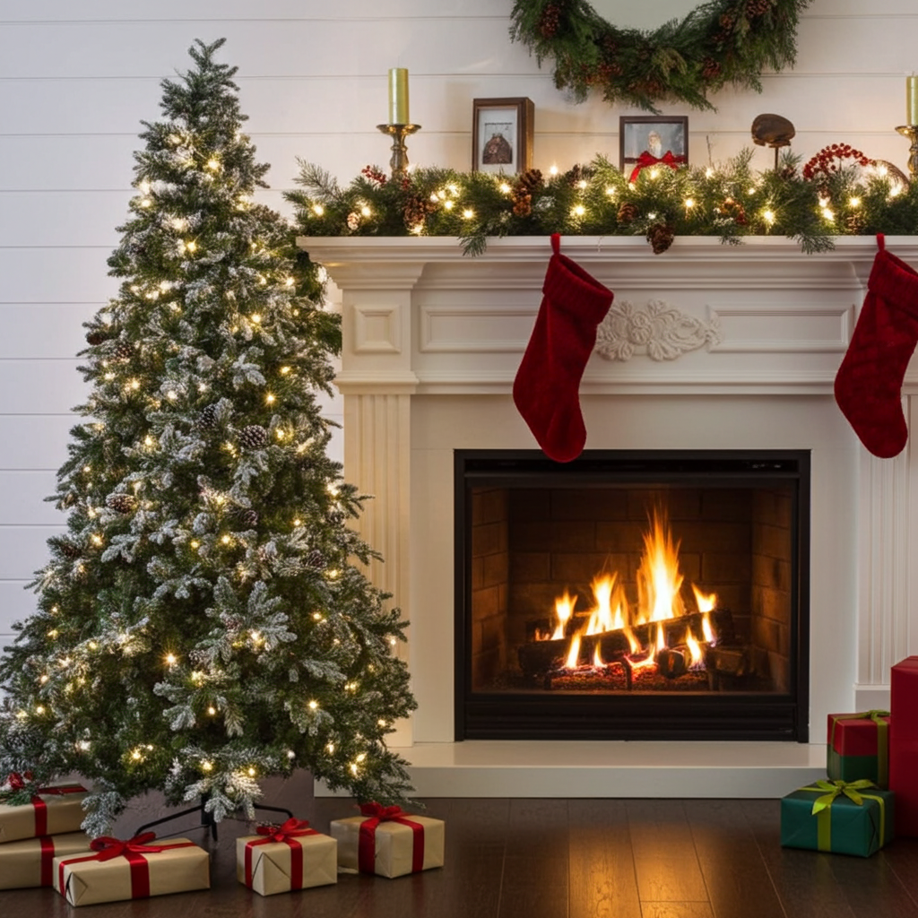 Pre-lit flocked spruce tree with white LED lights, pinecones, and PVC construction in four hinged sections.
