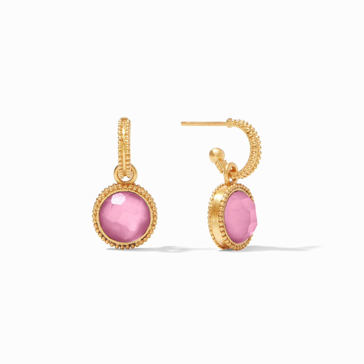 Fleur-de-Lis gold hoop earrings with iridescent tourmaline pink glass charms.