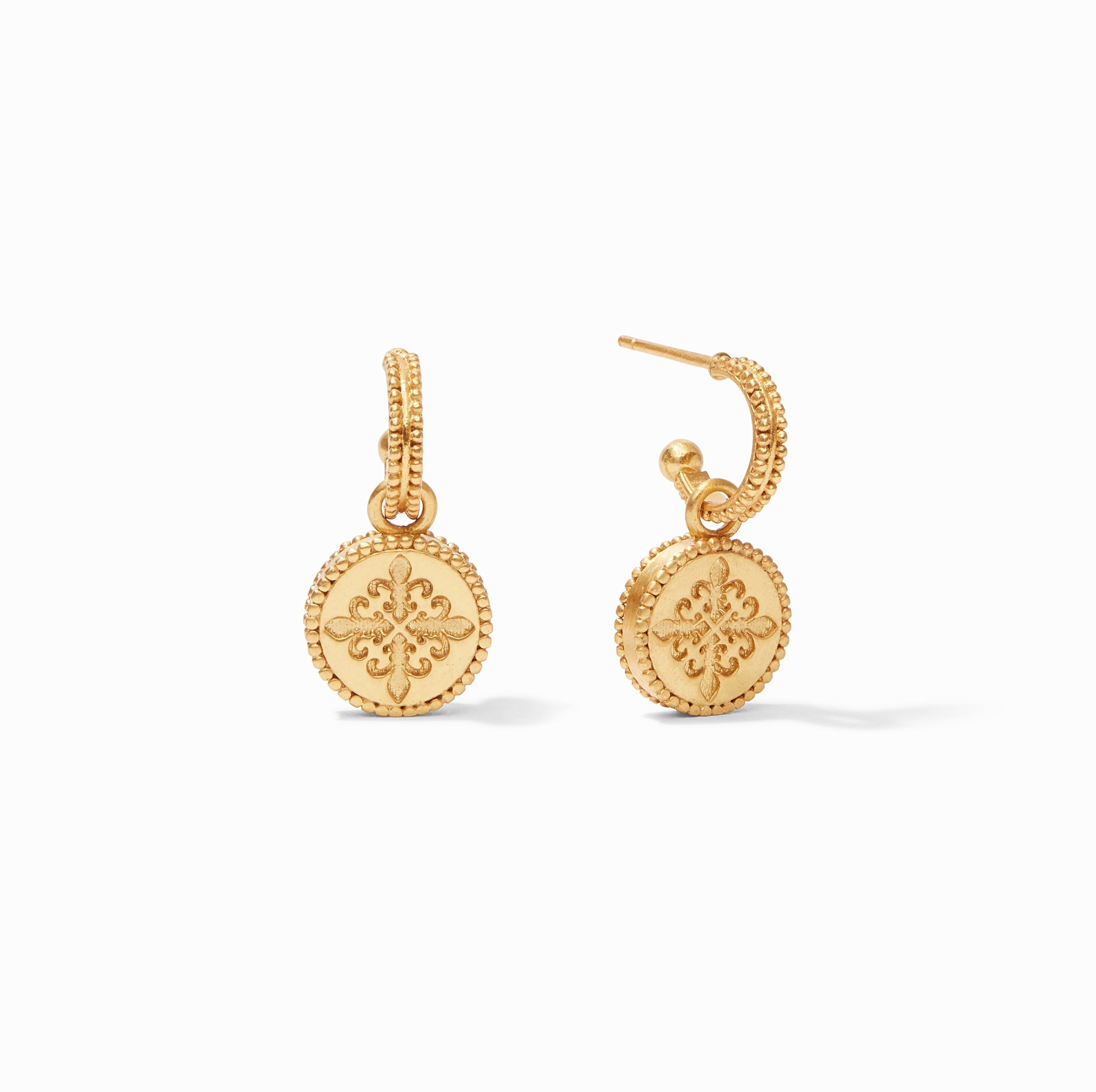 Pair of 24K gold plate hoop earrings with hanging fleur-de-lis coin charms.