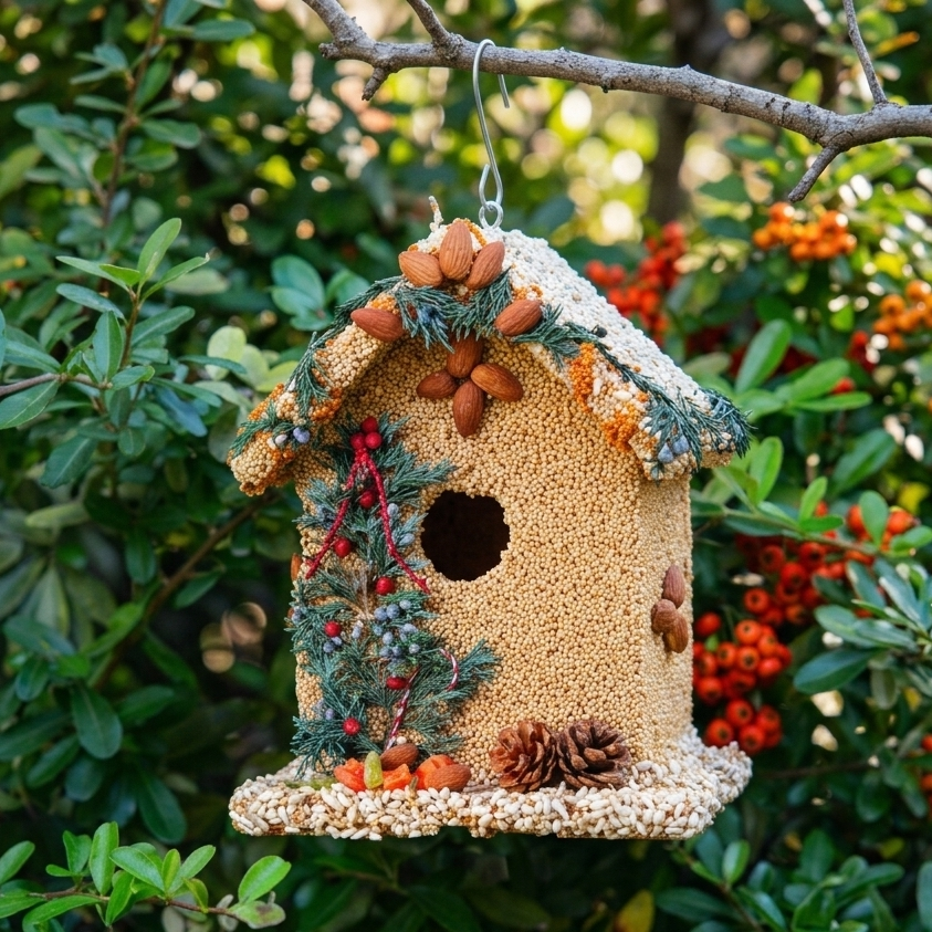 Juniper B&B wooden birdhouse covered in birdseed, decorated with almonds and juniper sprigs.