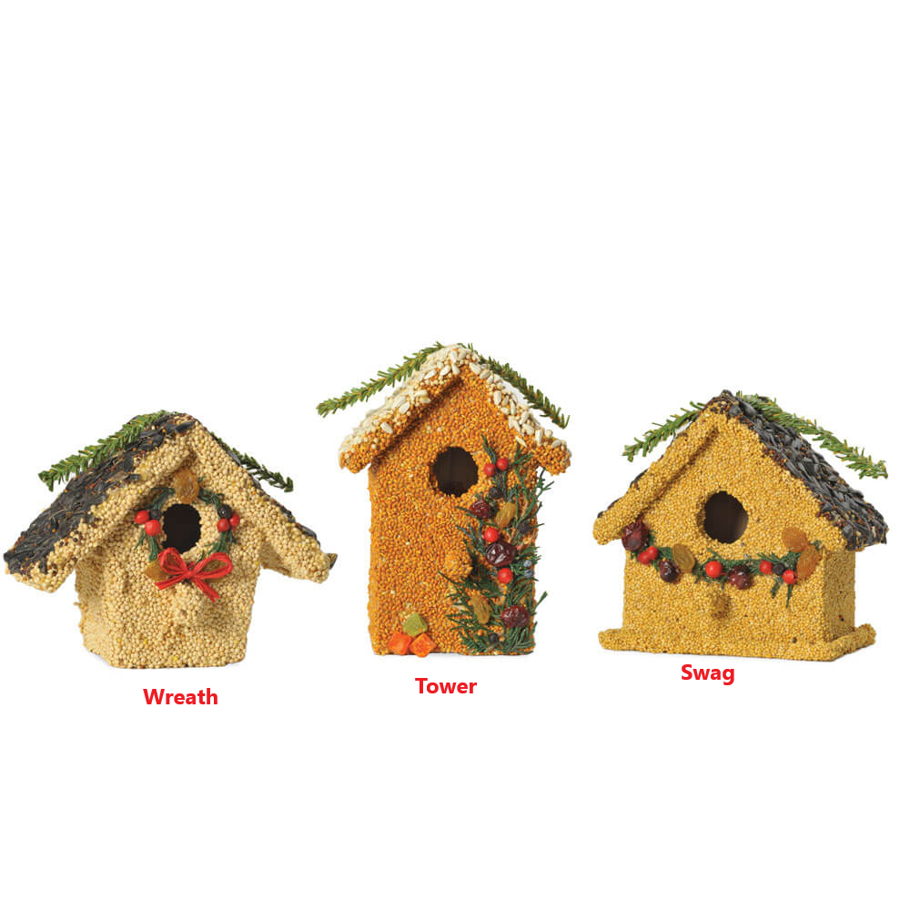 Three decorative seed-covered birdhouses labeled Wreath, Tower, and Swag with holiday accents.