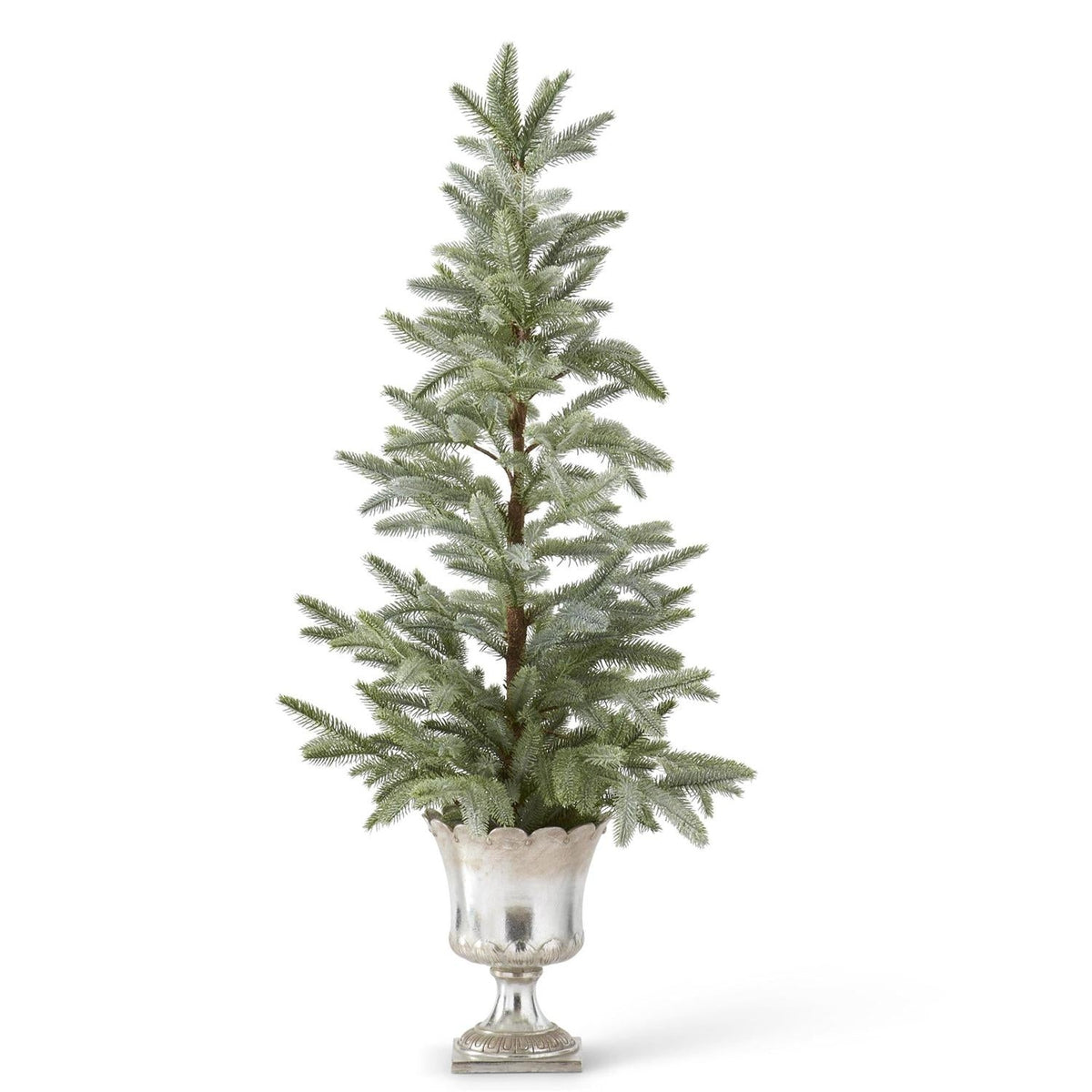 42-inch glittered pine tree with green needles in a decorative silver urn planter.