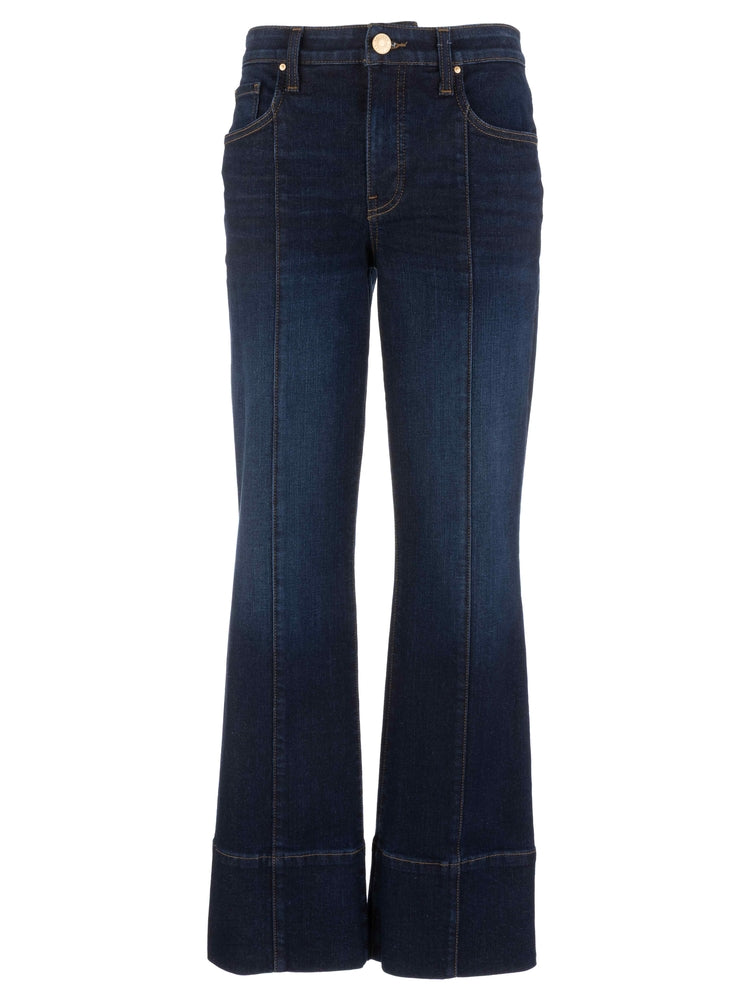Dark wash high-rise flare jeans with front seam detail and wide hem.