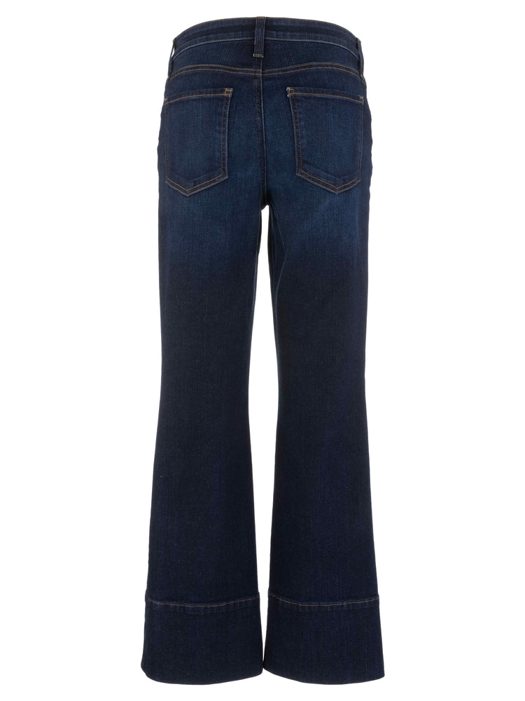 Back view of dark wash high-rise ankle jeans with wide hems and classic pocket detailing.