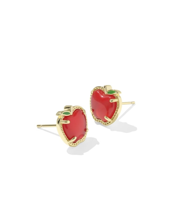 Pair of gold apple stud earrings with red enamel centers and a small green leaf detail.