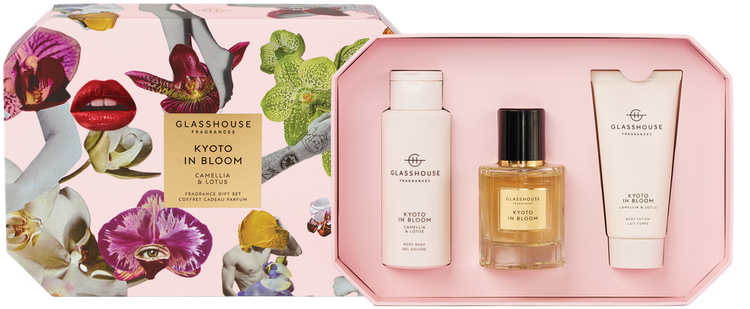 Kyoto in Bloom Camellia & Lotus fragrance gift set with body wash, lotion, and perfume in a box featuring floral illustrations.