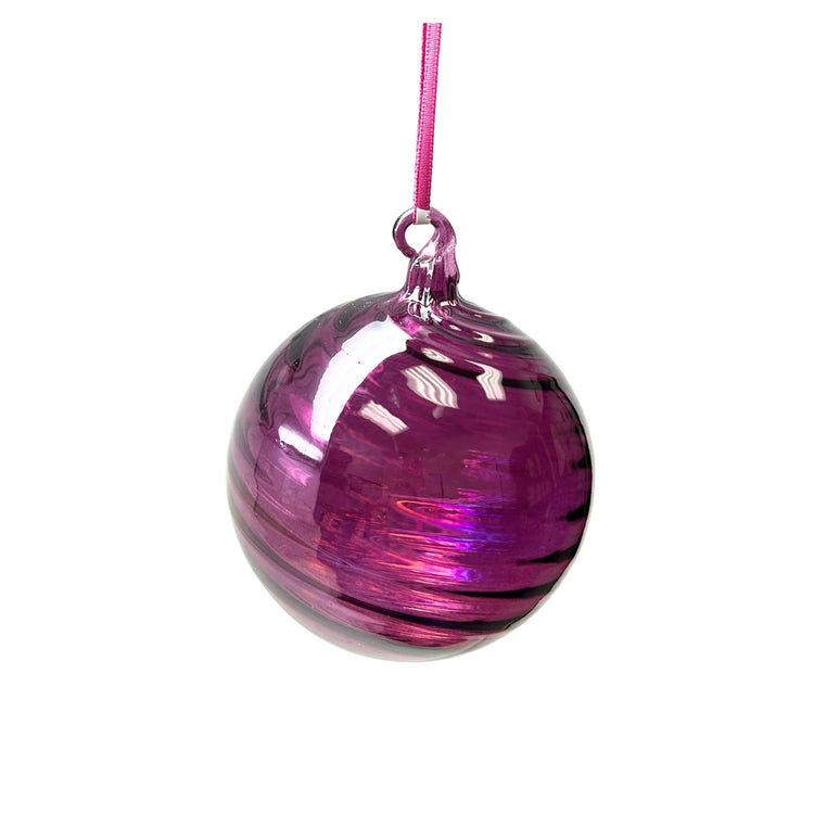 90mm plum glass swirl iridescent orb ornament with a matching ribbon hanger.