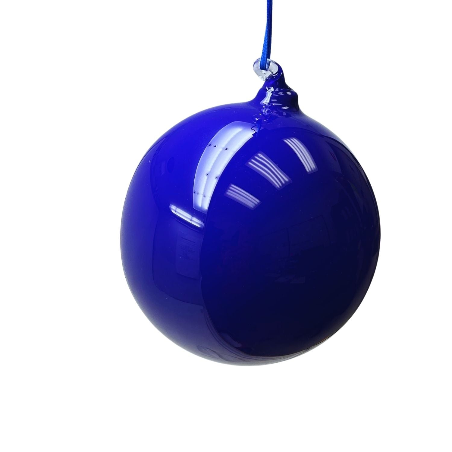 150mm hand-blown royal blue glass orb ornament with a glossy finish and blue hanging ribbon.