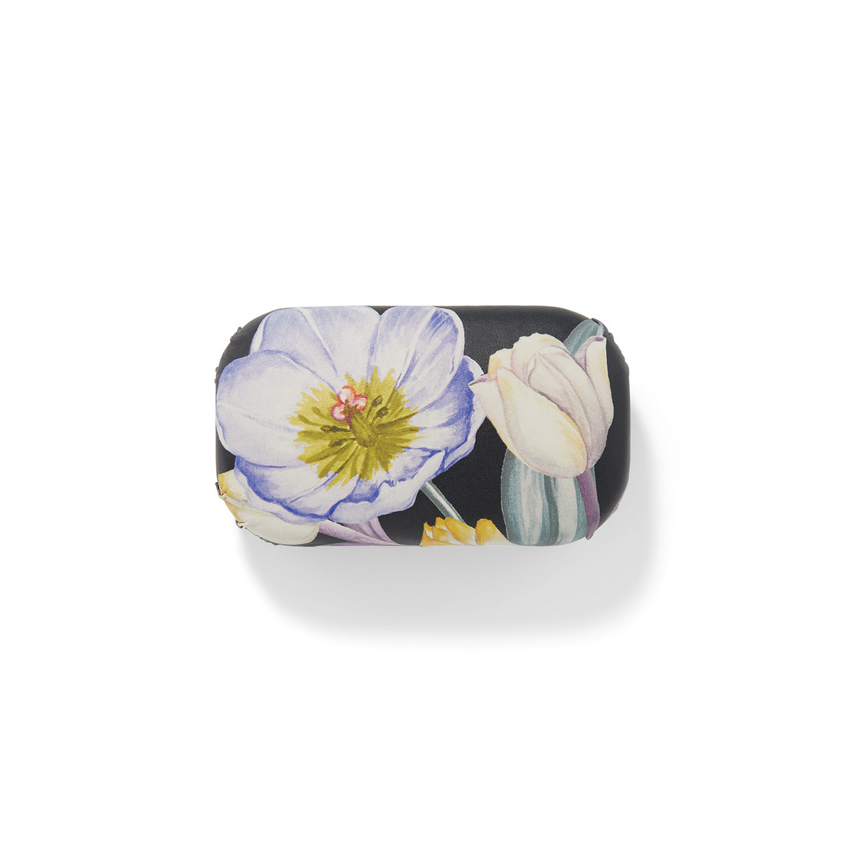 La Tulipe Noir Mini Box featuring a black background with large purple and white floral prints.