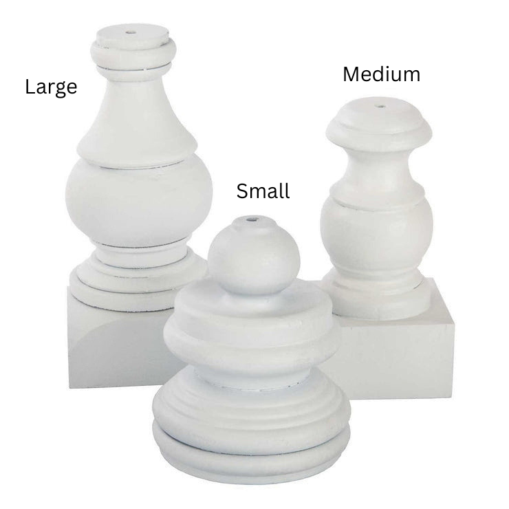 Three white decorative display pole bases in small, medium, and large sizes.