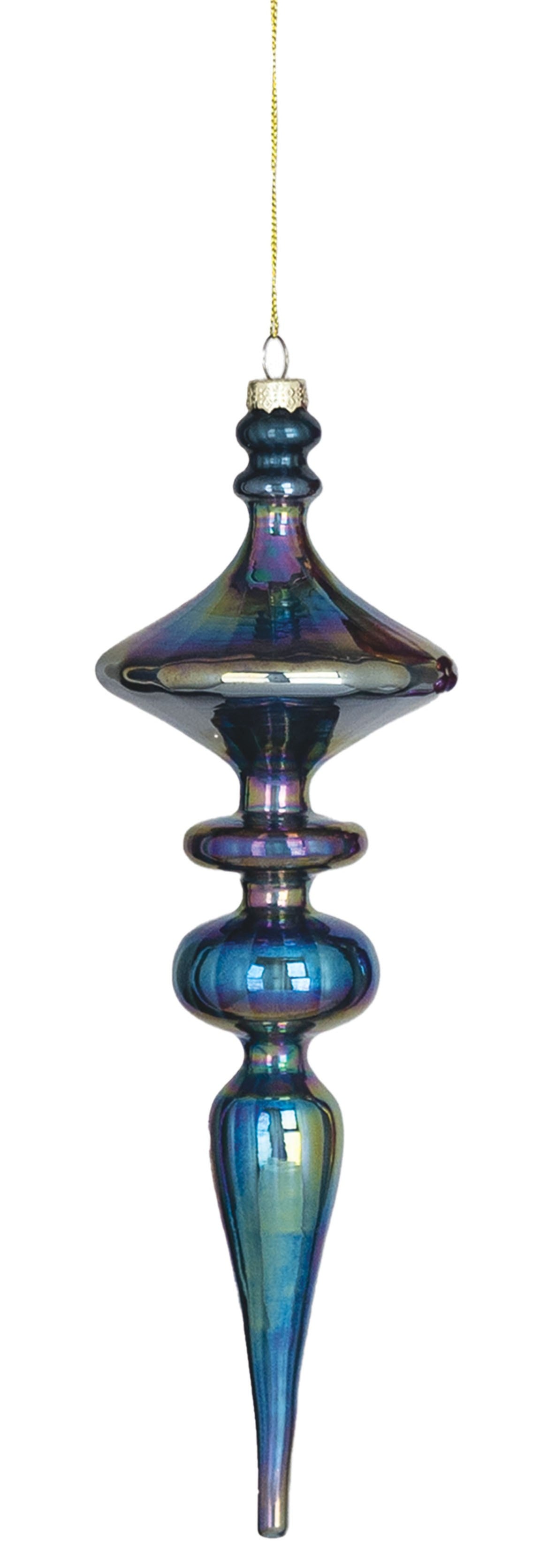 Large iridescent blue mercury glass finial ornament with a tiered, pointed design.