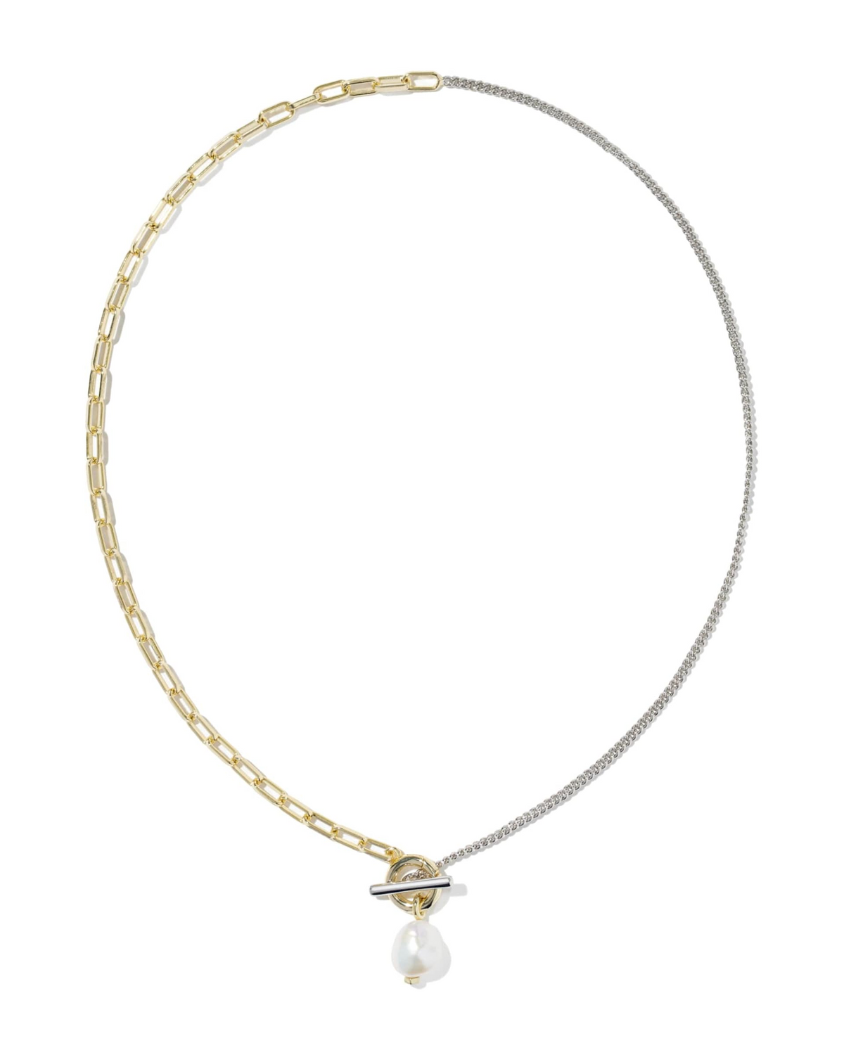 Mixed-metal chain necklace with gold paperclip and silver links, toggle closure, and pearl charm.