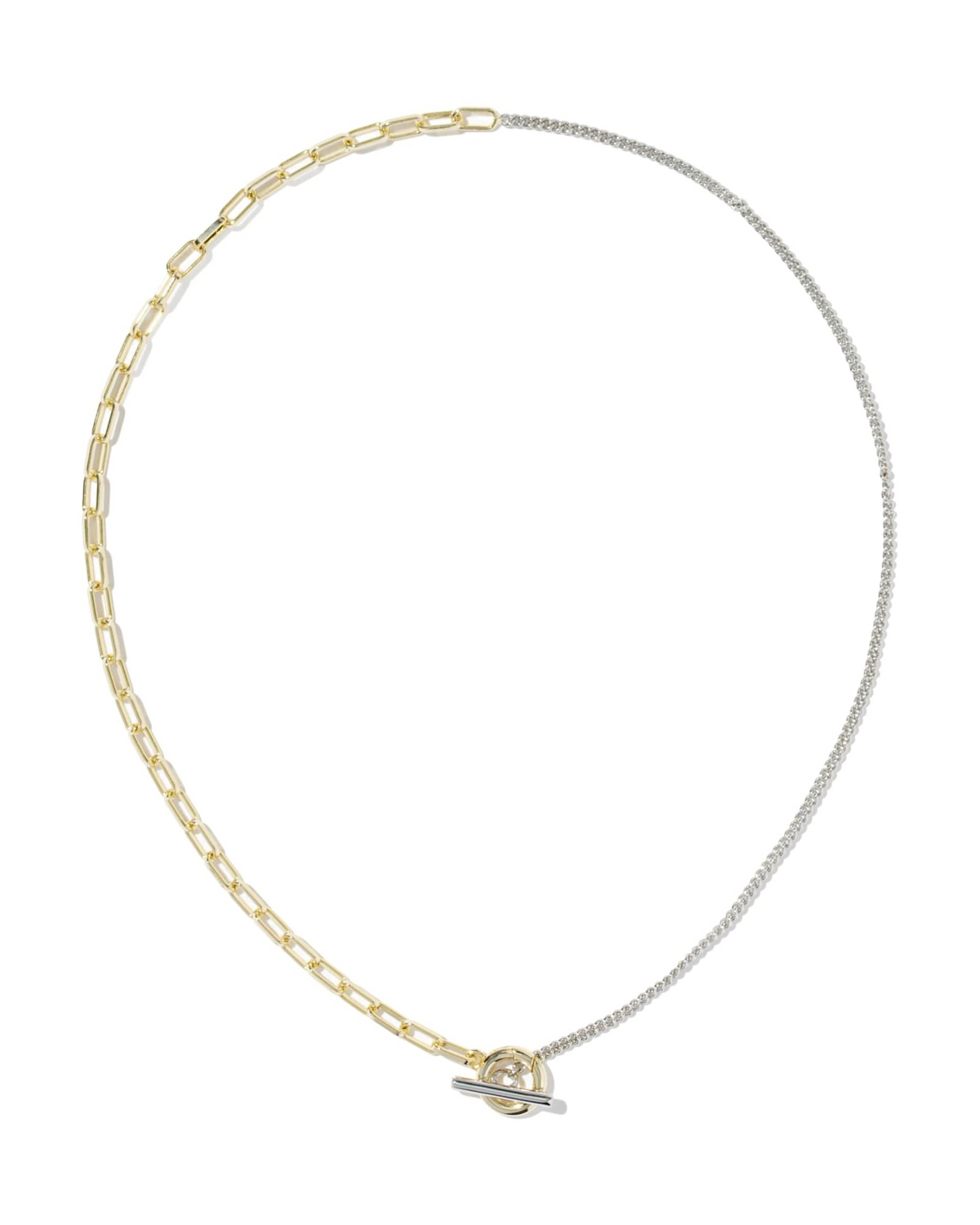 Mixed-metal chain necklace with gold-tone paperclip links, silver-tone chain, and toggle closure.