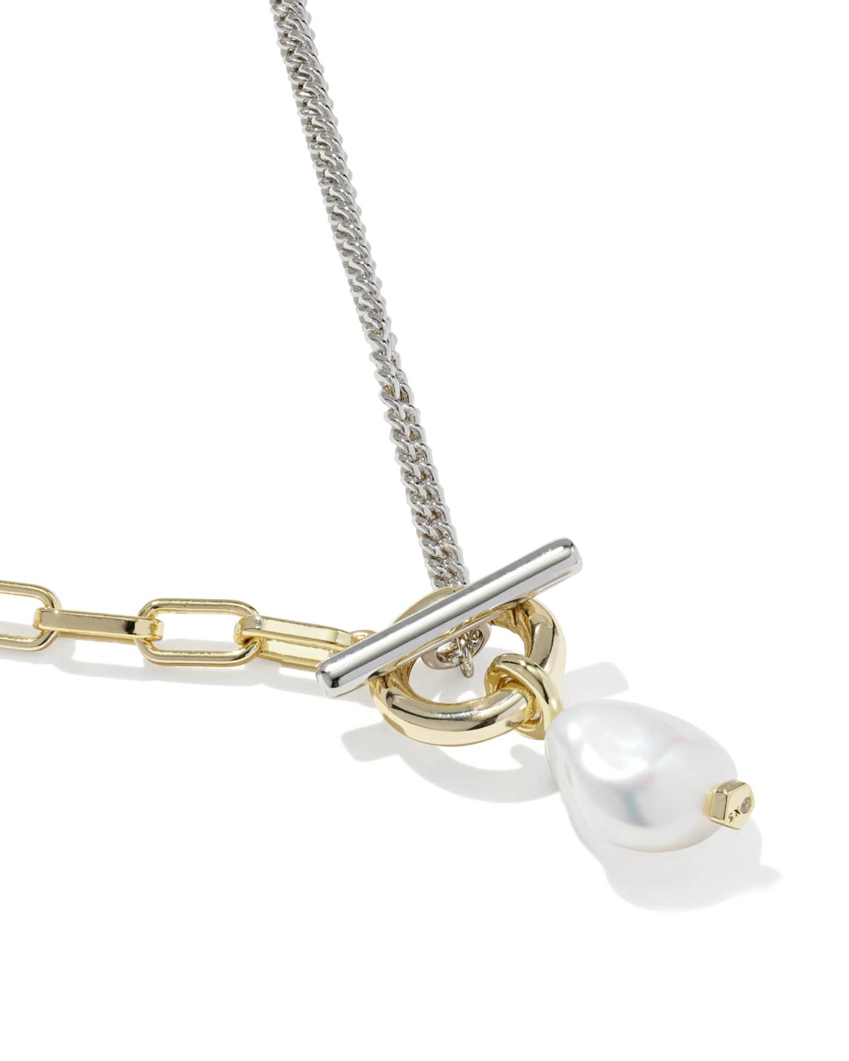 Mixed-metal chain necklace with a toggle closure and a dangling white freshwater cultured pearl.