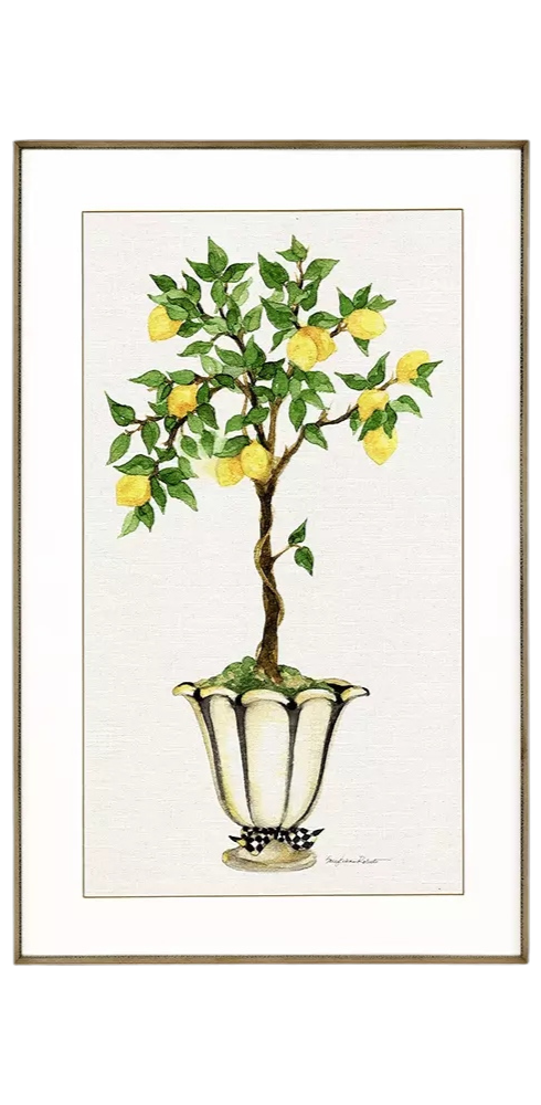 Framed print featuring a yellow lemon topiary tree with green foliage against a white background.