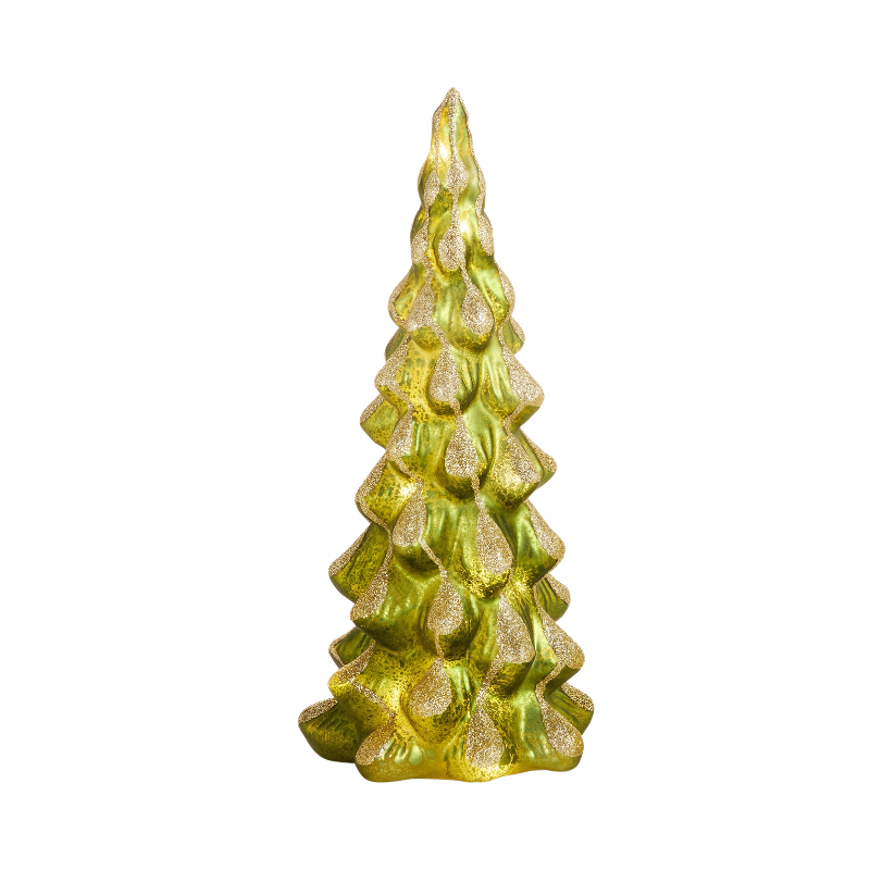 12 inch lighted green glass Christmas tree with gold glitter accents and a snowy finish.
