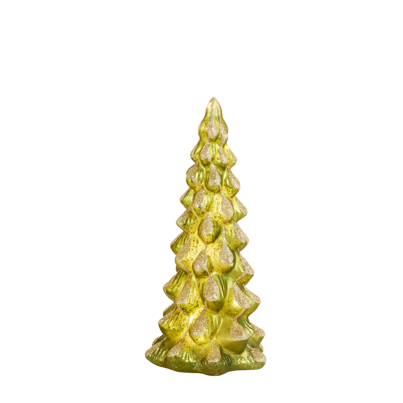 12-inch lighted green glass Christmas tree with gold glitter snowy finish.