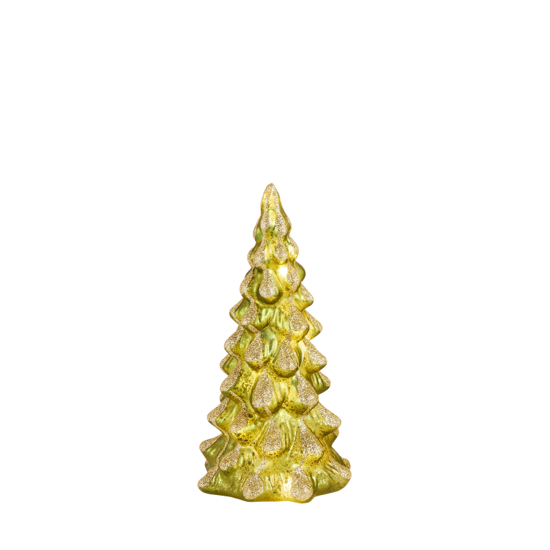 12-inch lighted green glass Christmas tree with gold glitter snowy finish.