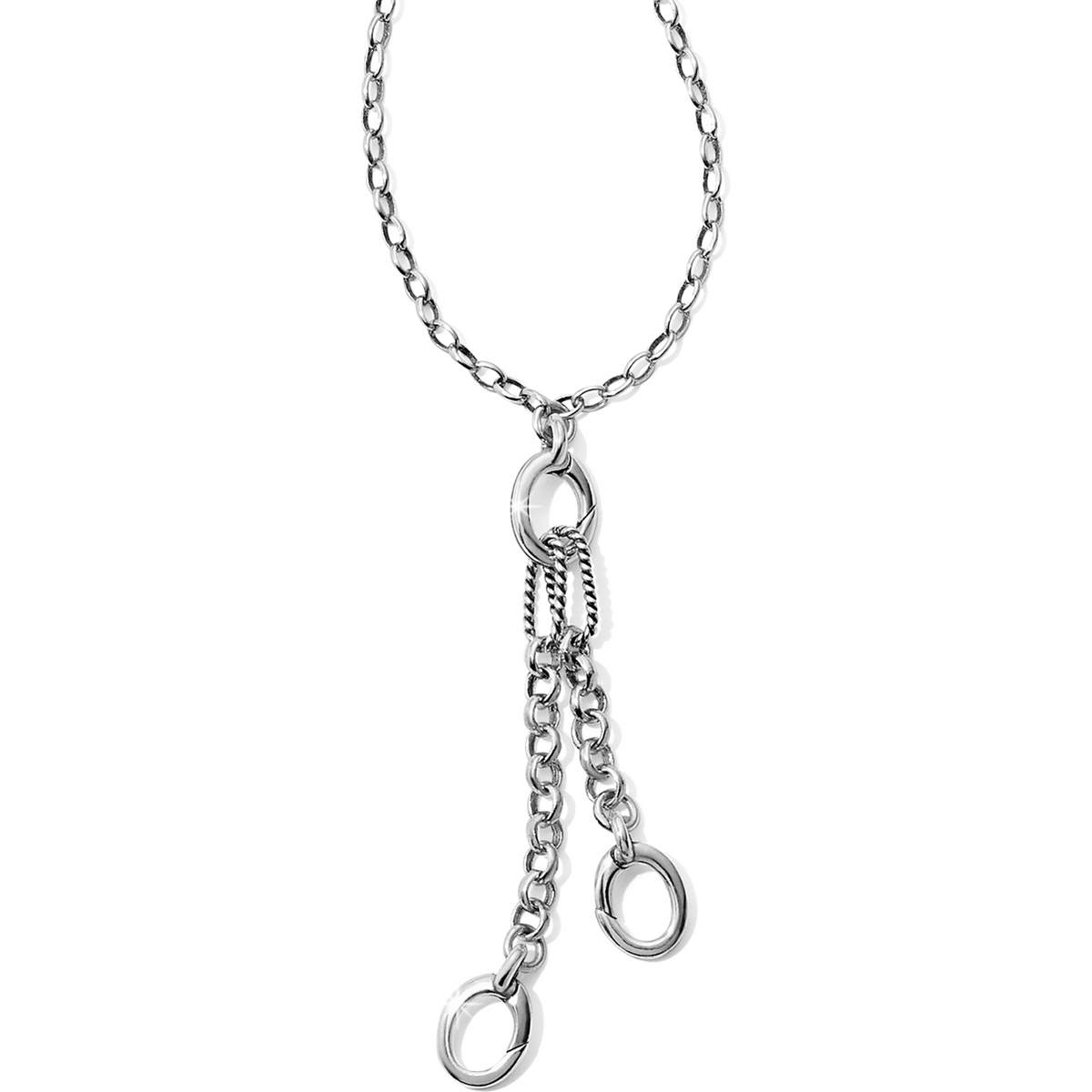 Silver-plated Lillian Charm Necklace featuring three easy-open links on a dangling chain drop.