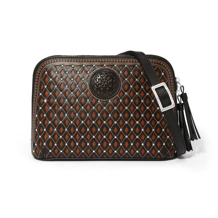 Lucille Domed Organizer in brown and black leather with die-cut diamond patterns and silver studs.