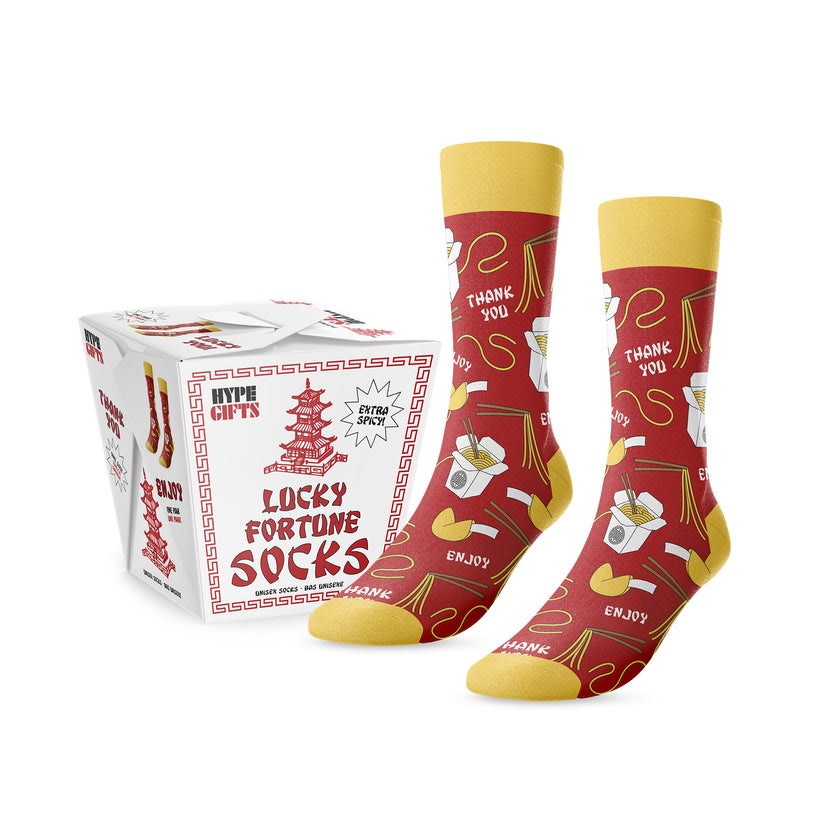 Lucky Fortune Takeout Socks in red and yellow with noodle and fortune cookie patterns and gift box.