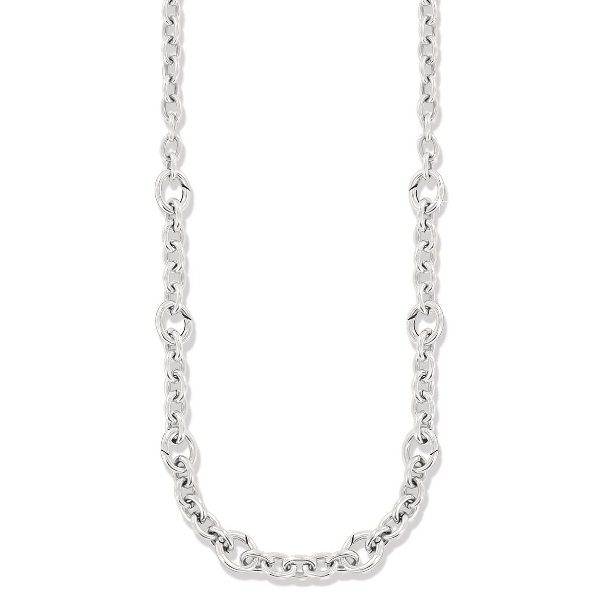 Silver-plated Luxe Link Charm Holder necklace with eight circular charm stations on a link chain.
