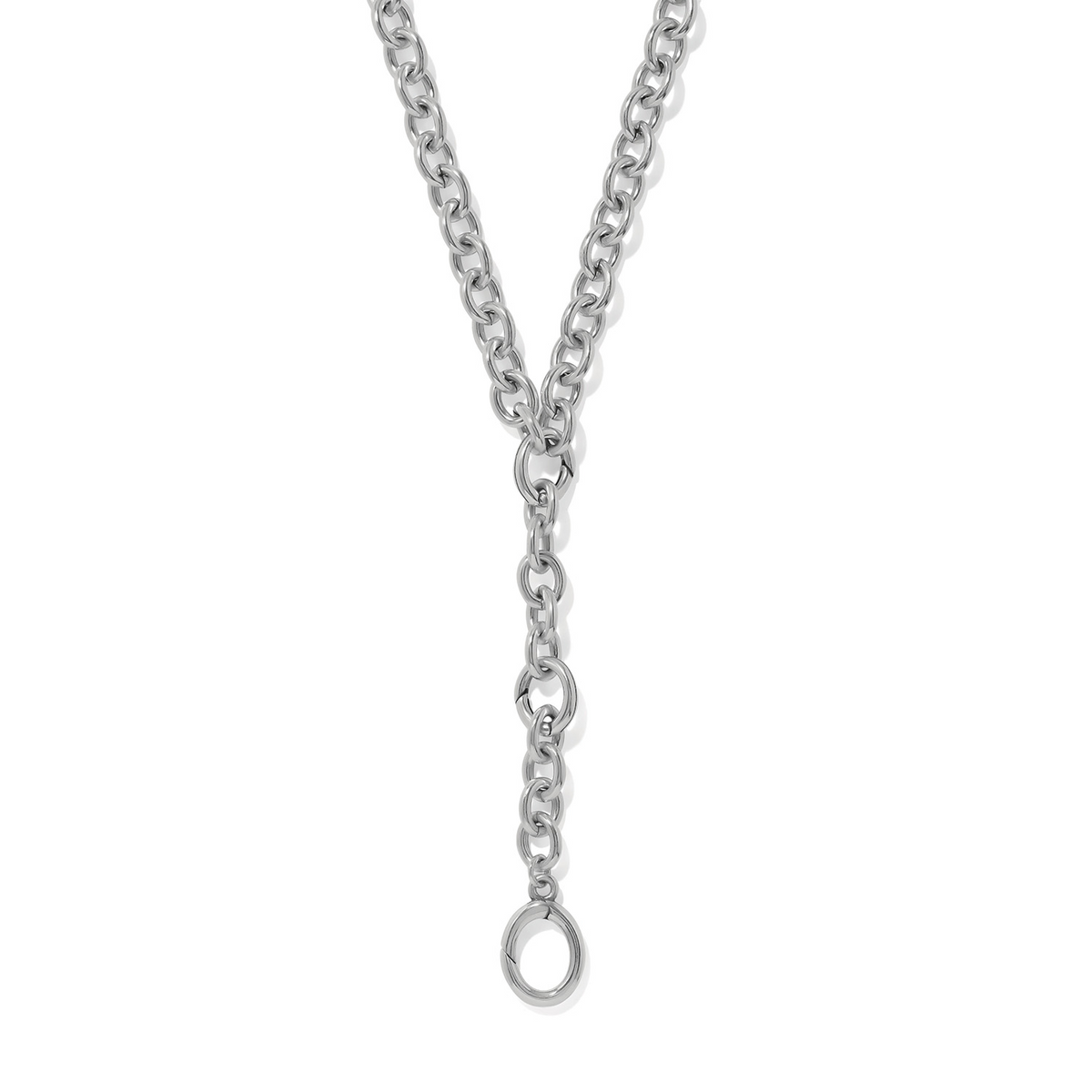 Silver-plated Y-shape necklace with a thick link chain and three open charm rings.