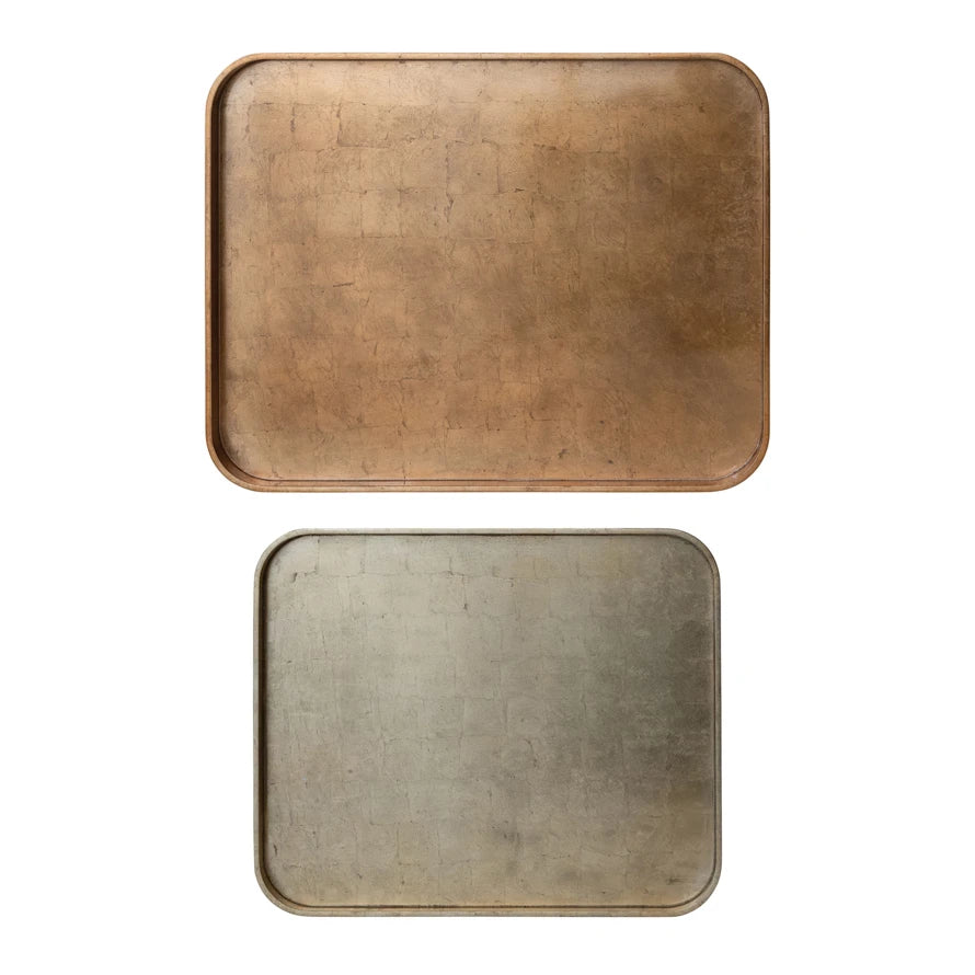 Set of two rectangular MDF lacquered trays with luminous foil in copper and gold finishes.