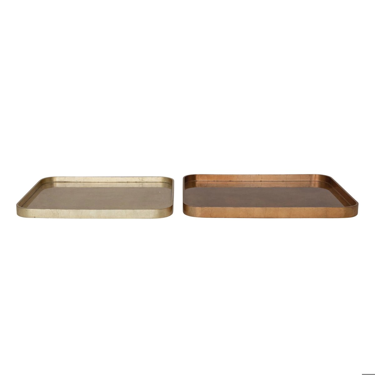 Set of two rectangular MDF lacquered trays with metallic gold and copper foil finishes.