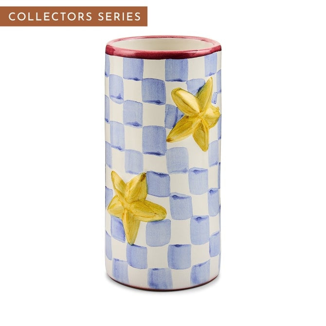 Hand-painted ceramic vase with blue and white checks and yellow stars from the Collectors Series.