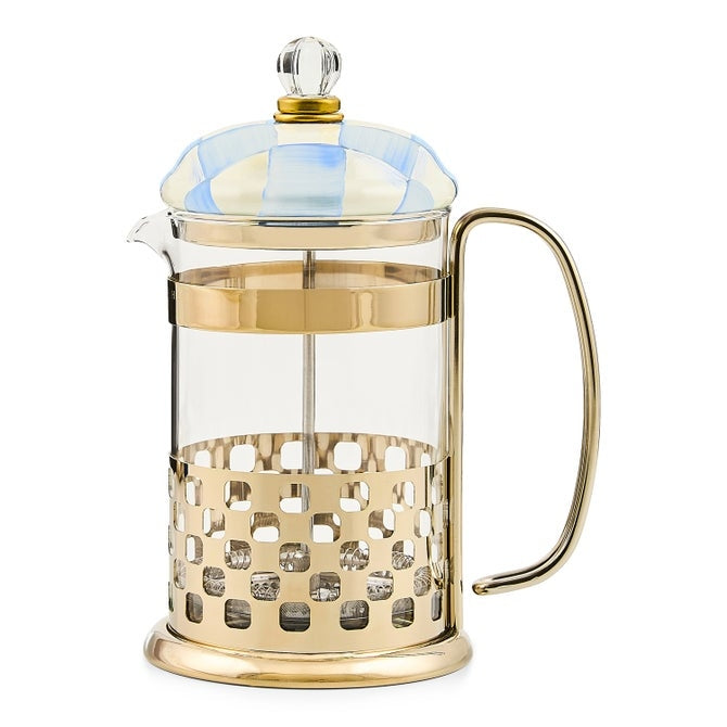 Mackenzie Childs Sky Check French Press with hand-painted blue enamel lid and bronze metal base