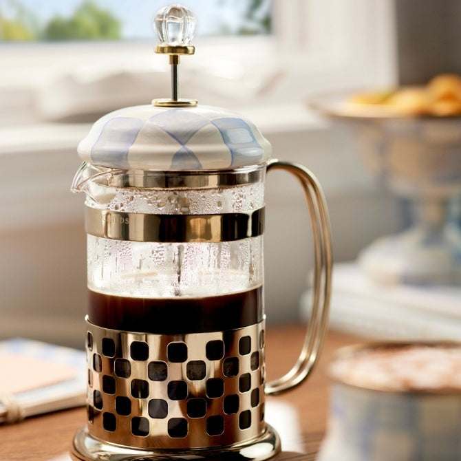 Sky Check enamel lid French press with bronze base and hand-painted blue check pattern