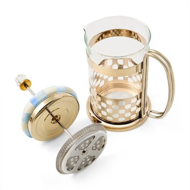 French press coffee maker with Sky Blue Check enamel lid on bronze base