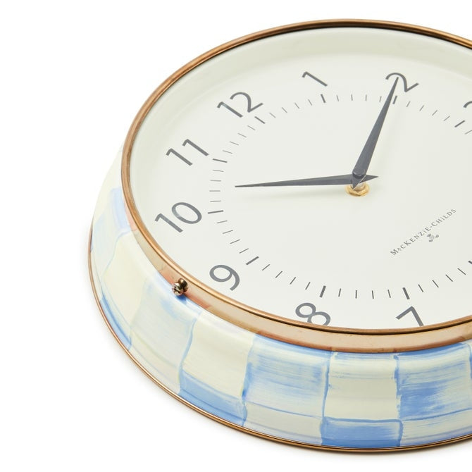 Sky Check School Wall Clock with hand-painted blue checks on steel face and bronzed stainless rim