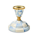 Short candlestick with hand-painted blue check pattern on steel base featuring brass accents and bronzed stainless rim.