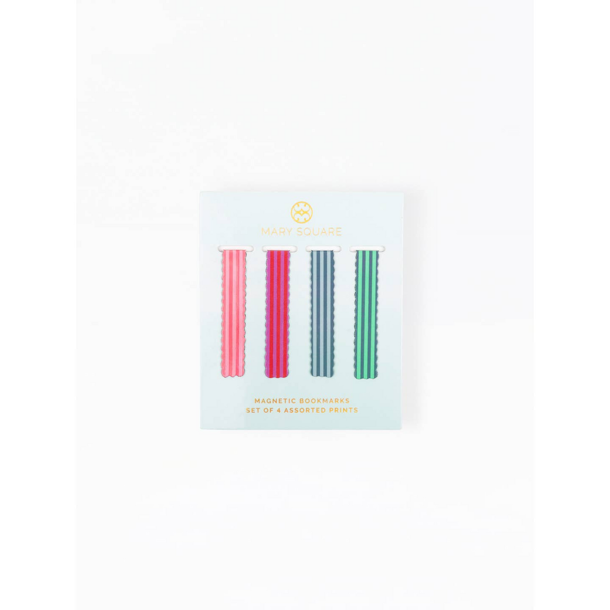 Set of four magnetic bookmarks with colorful vertical stripes in pink, red, blue, and green.