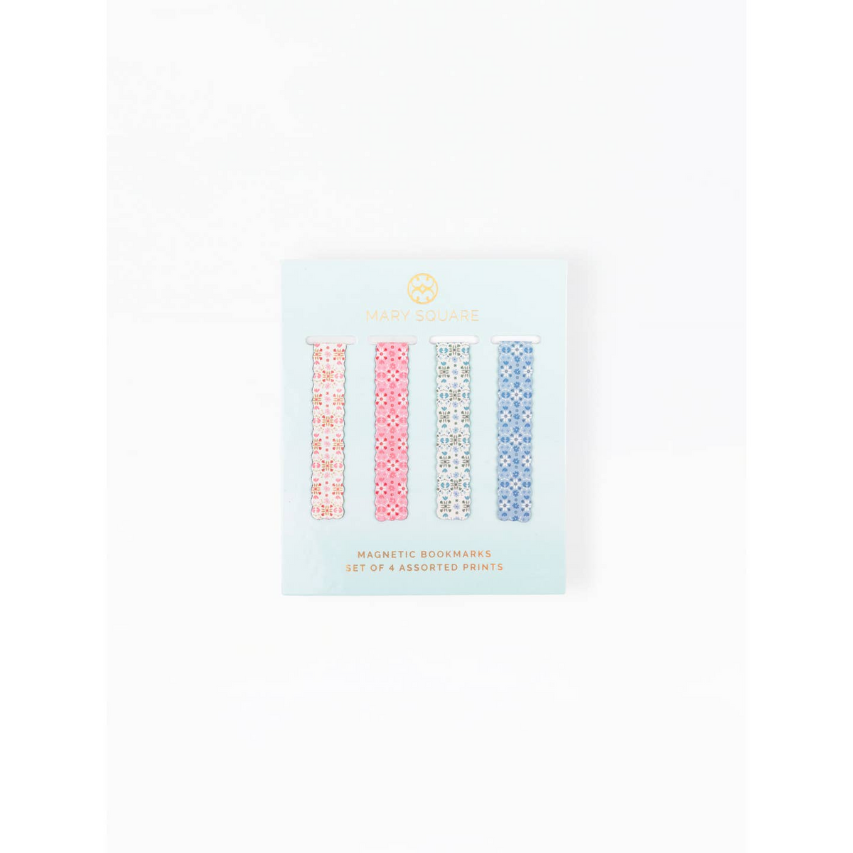 Set of 4 Mary Square magnetic bookmarks with assorted floral and geometric patterns.