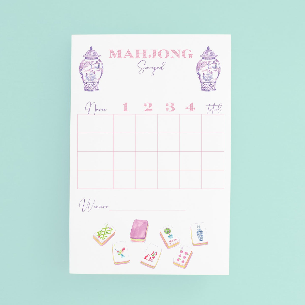 Mahjong Scorecard Pad with pink and purple illustrations of ginger jars and mahjong tiles.