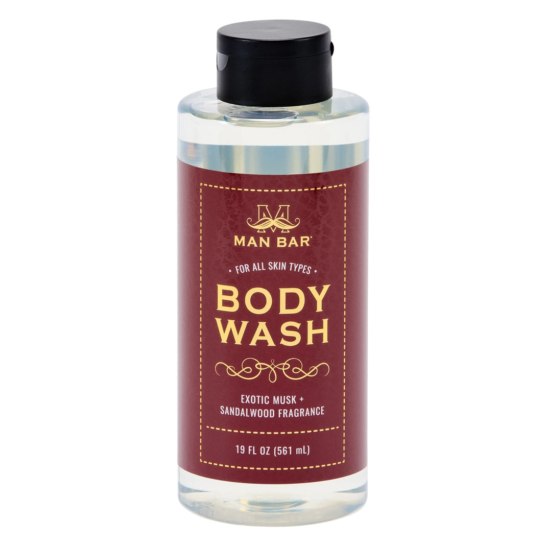 Man Bar Body Wash in Exotic Musk and Sandalwood fragrance, 19 fl oz clear bottle with black cap.