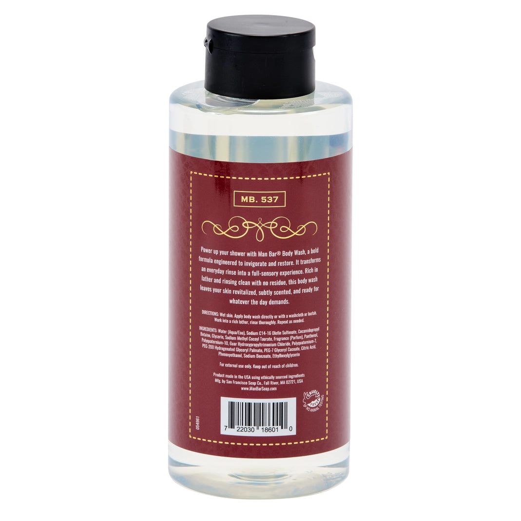 Back of Man Bar Body Wash bottle showing ingredients, directions, and barcode on a maroon label.