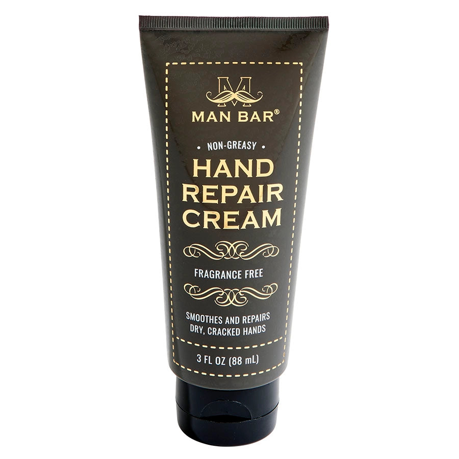 Man Bar Hand Repair Cream in a 3 fl oz brown tube for dry, cracked hands.