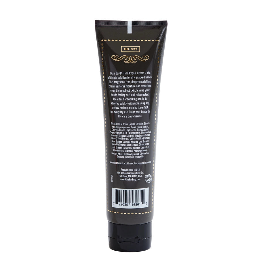 Back view of a black tube of Man Bar Hand Repair Cream showing ingredients and product details.