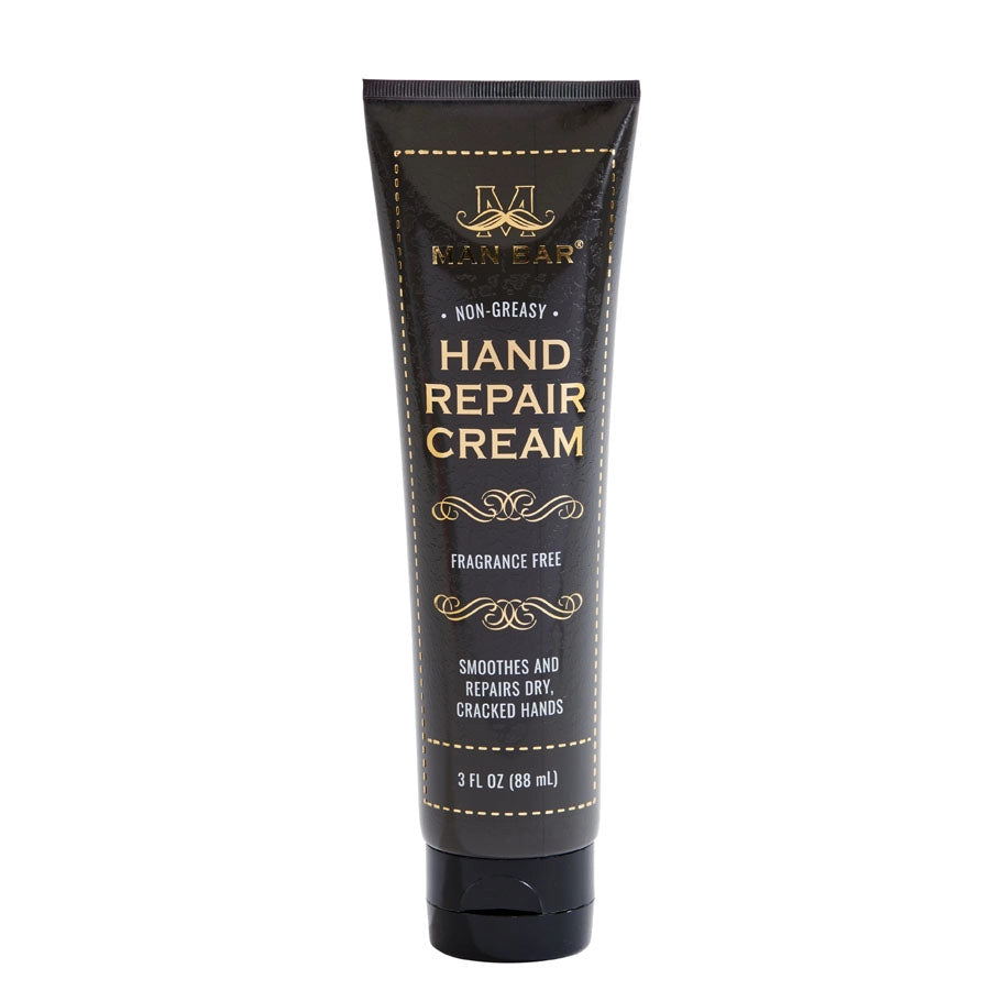Man Bar Hand Repair Cream in a 3 fl oz black tube with gold lettering, fragrance free.