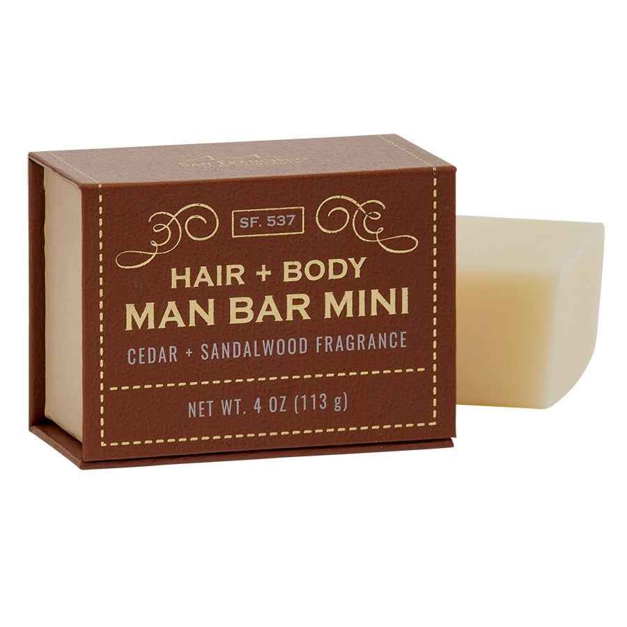 Man Bar Mini 4oz Cedar & Sandalwood soap in a brown box with the bar partially visible.