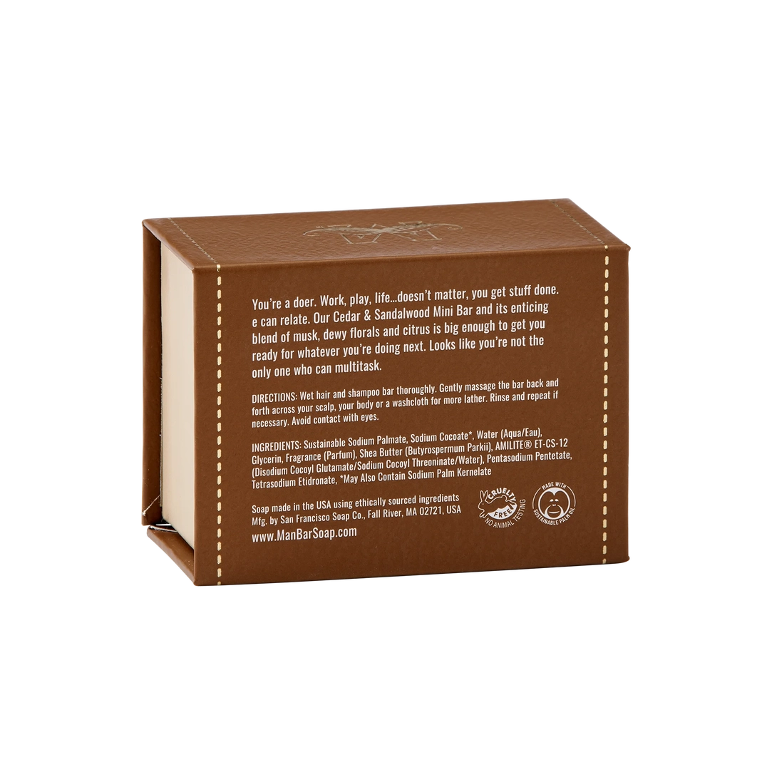 Back of Man Bar Mini Cedar & Sandalwood soap box showing ingredients and directions.