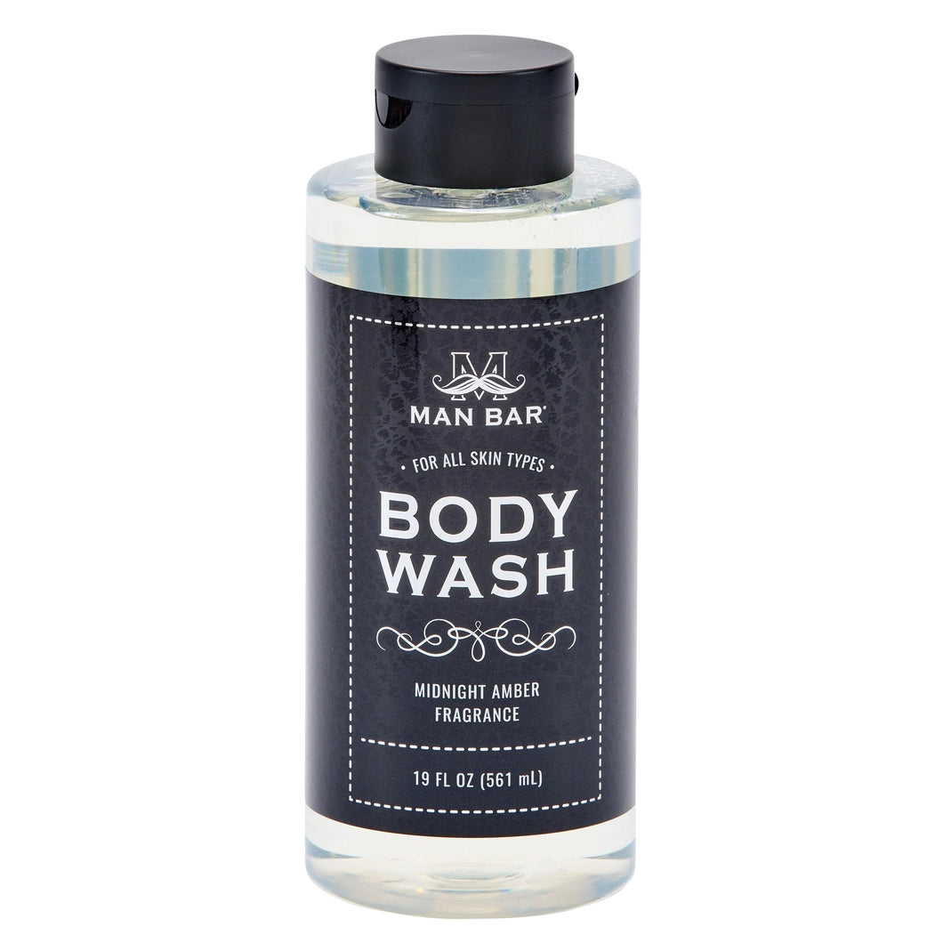 Man Bar Body Wash in Midnight Amber fragrance, 19 fl oz clear bottle with black label and cap.