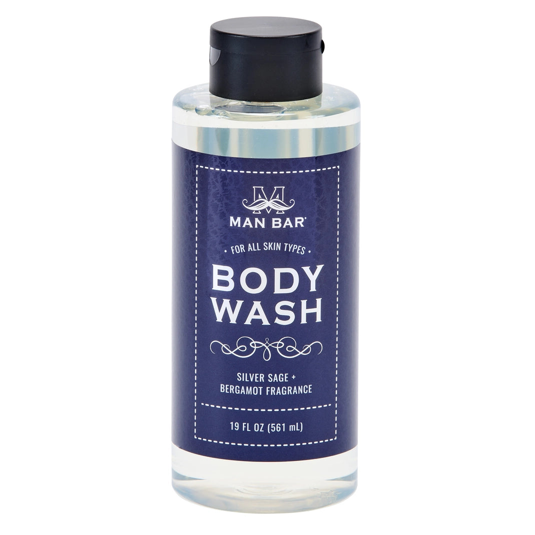 Man Bar Body Wash in Silver Sage + Bergamot fragrance, 19 fl oz clear bottle with a blue label.