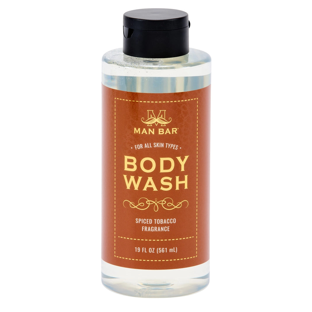 19 fl oz bottle of Man Bar Body Wash in Spiced Tobacco fragrance with a black flip-top cap.