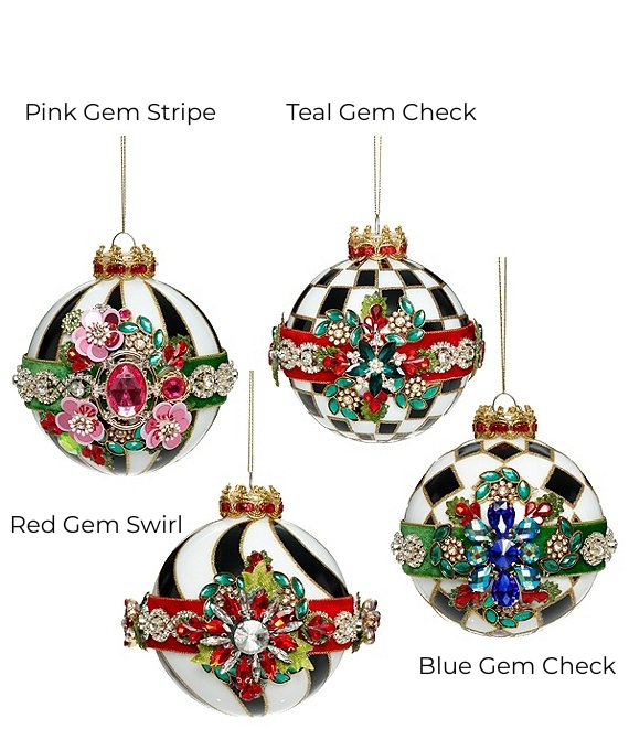 Four jeweled Christmas ornaments in Pink Gem Stripe, Teal Gem Check, Red Gem Swirl, and Blue Gem.