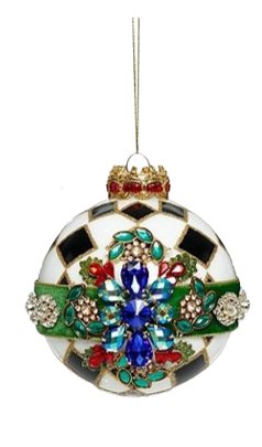 White and black checkered glass ornament with a green velvet band and blue jeweled floral design.